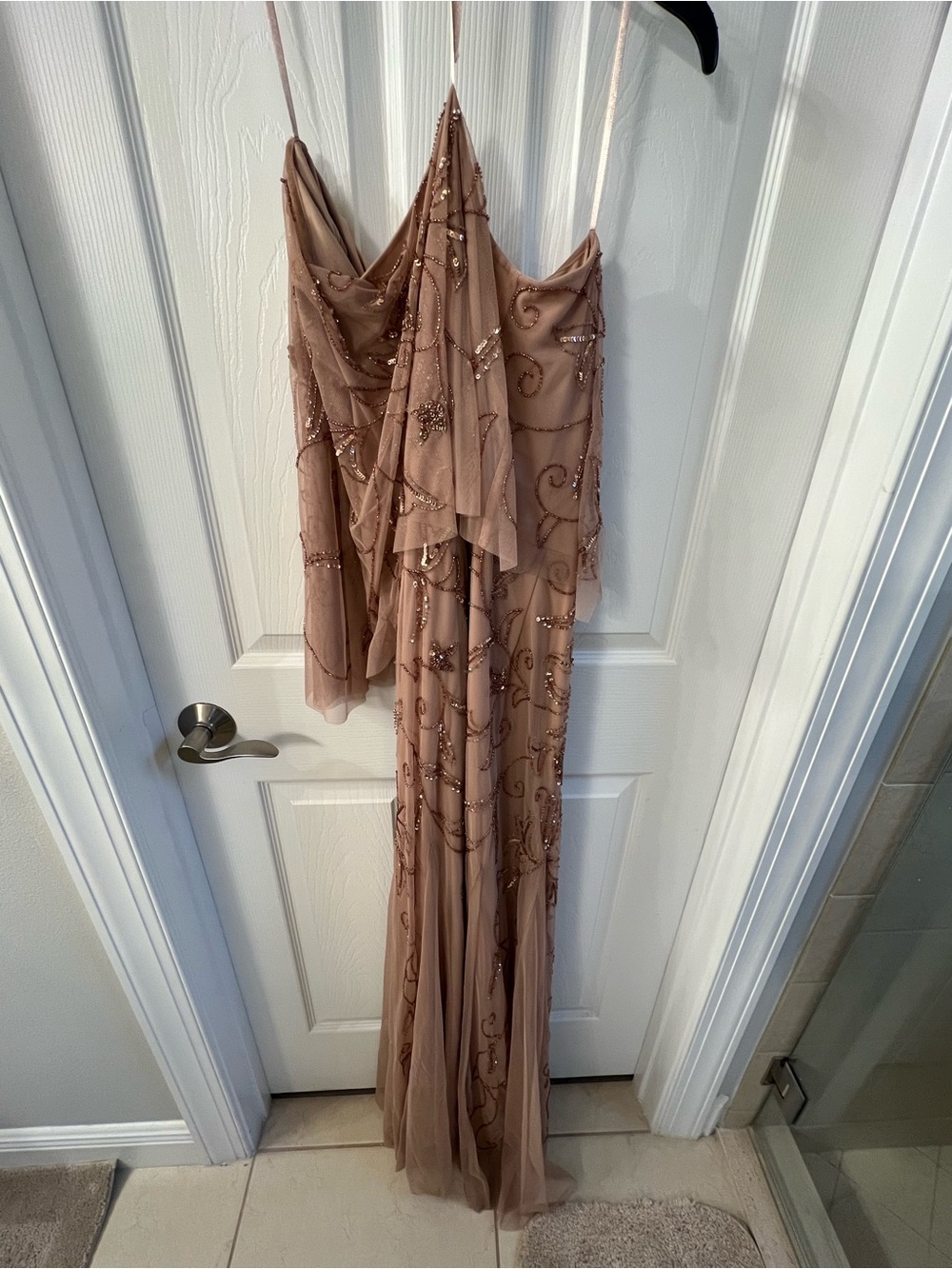 Adrianna Papell Rose Taupe Beaded Spaghetti-Strap Gown